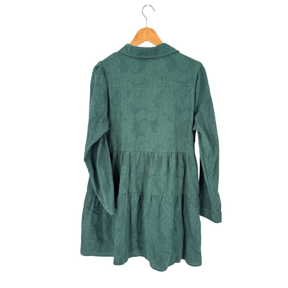 Umgee Shirt Dress Green Large L Textured Cotton Tiered Babydoll Mini Fall Earthy - Picture 2 of 9